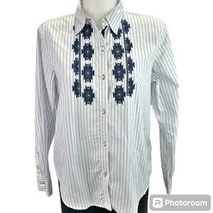 CHAPS Women's Button Up Shirt Striped Southwest Aztec Embroidered D7